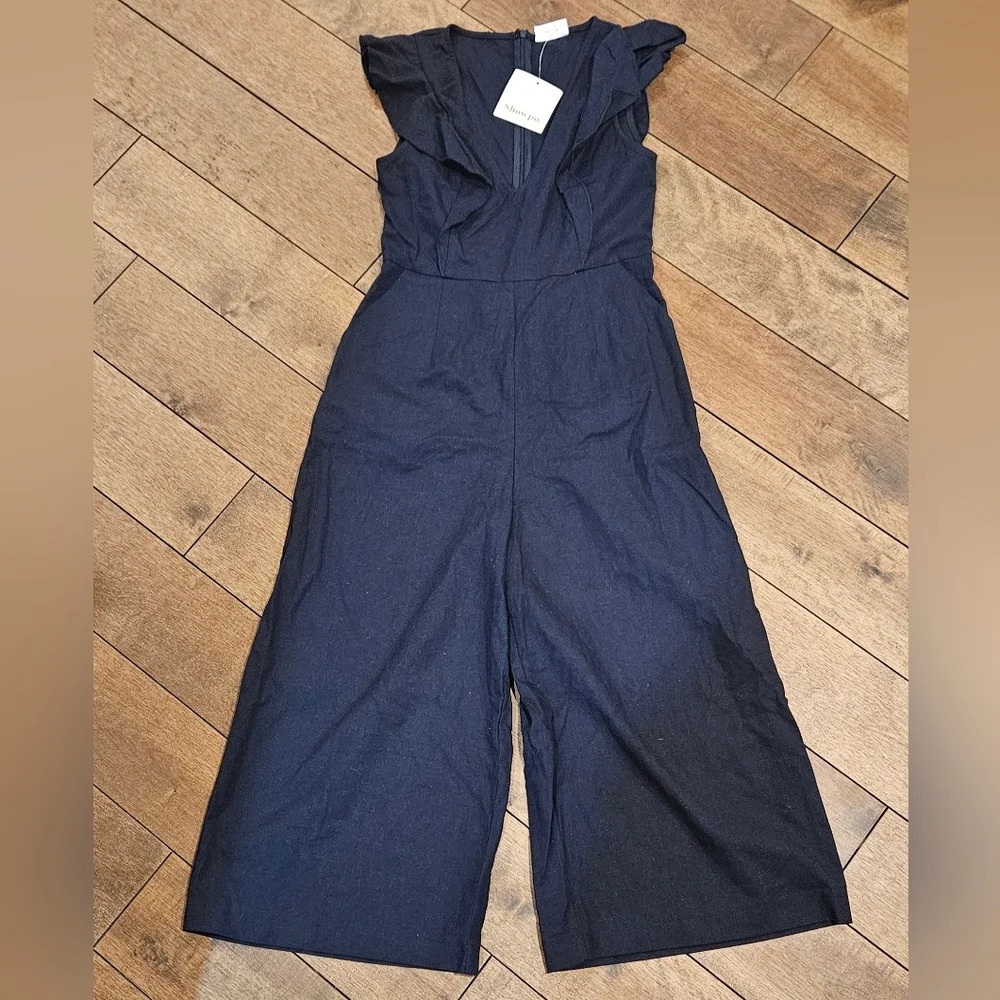 Showpo Cross Your Mind Wide Leg Linen Blend Jumpsuit Ruffles Navy Blue Size 6 - Picture 2 of 7